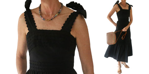 celiaB seria black dress, clare v handbag, the woods necklace