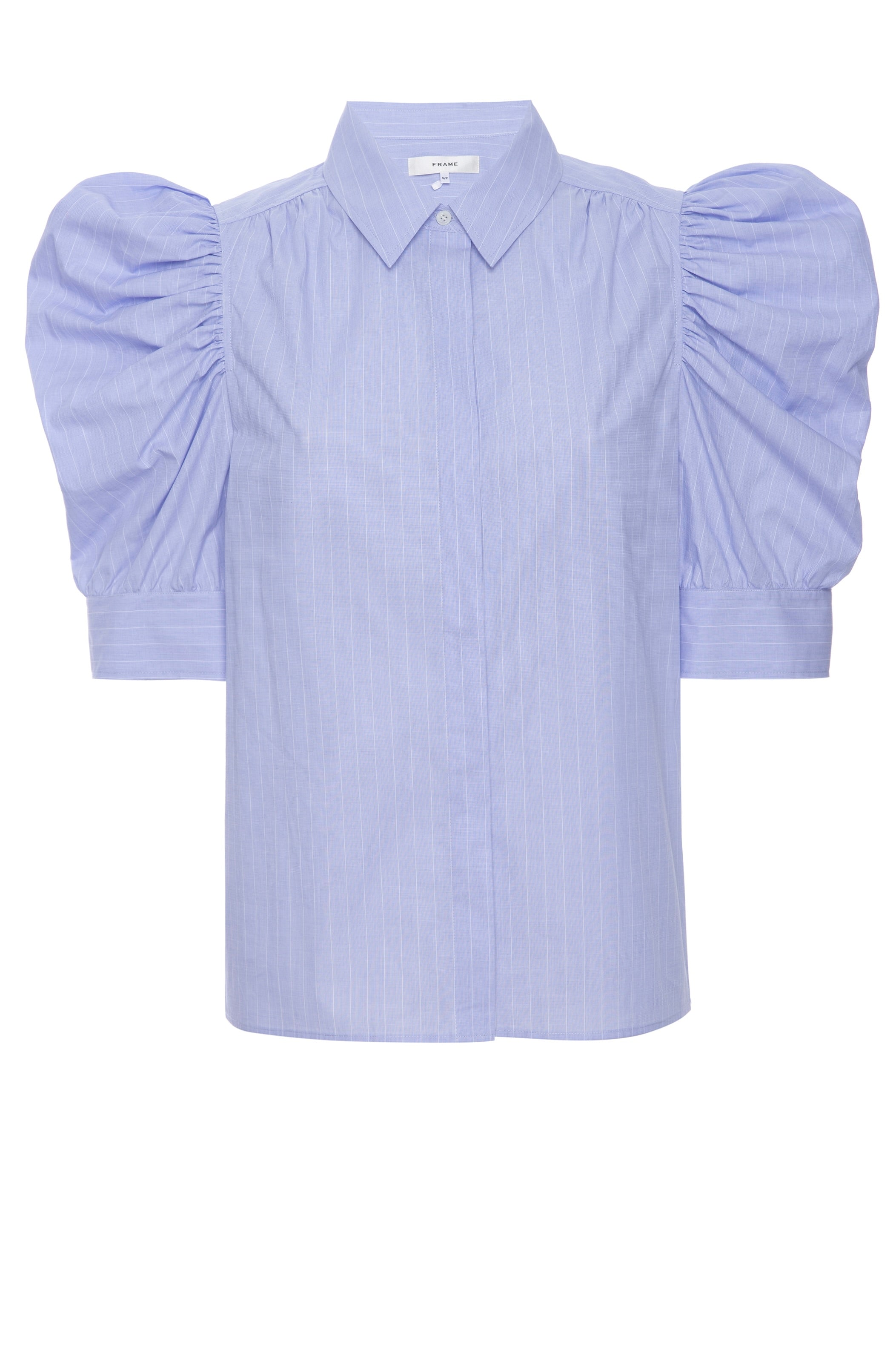 ruched puff sleeve top - chambray blue stripe