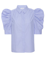 ruched puff sleeve top - chambray blue stripe