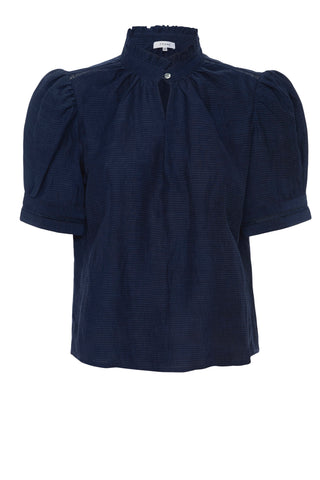 ruffle collar inset lace top - navy