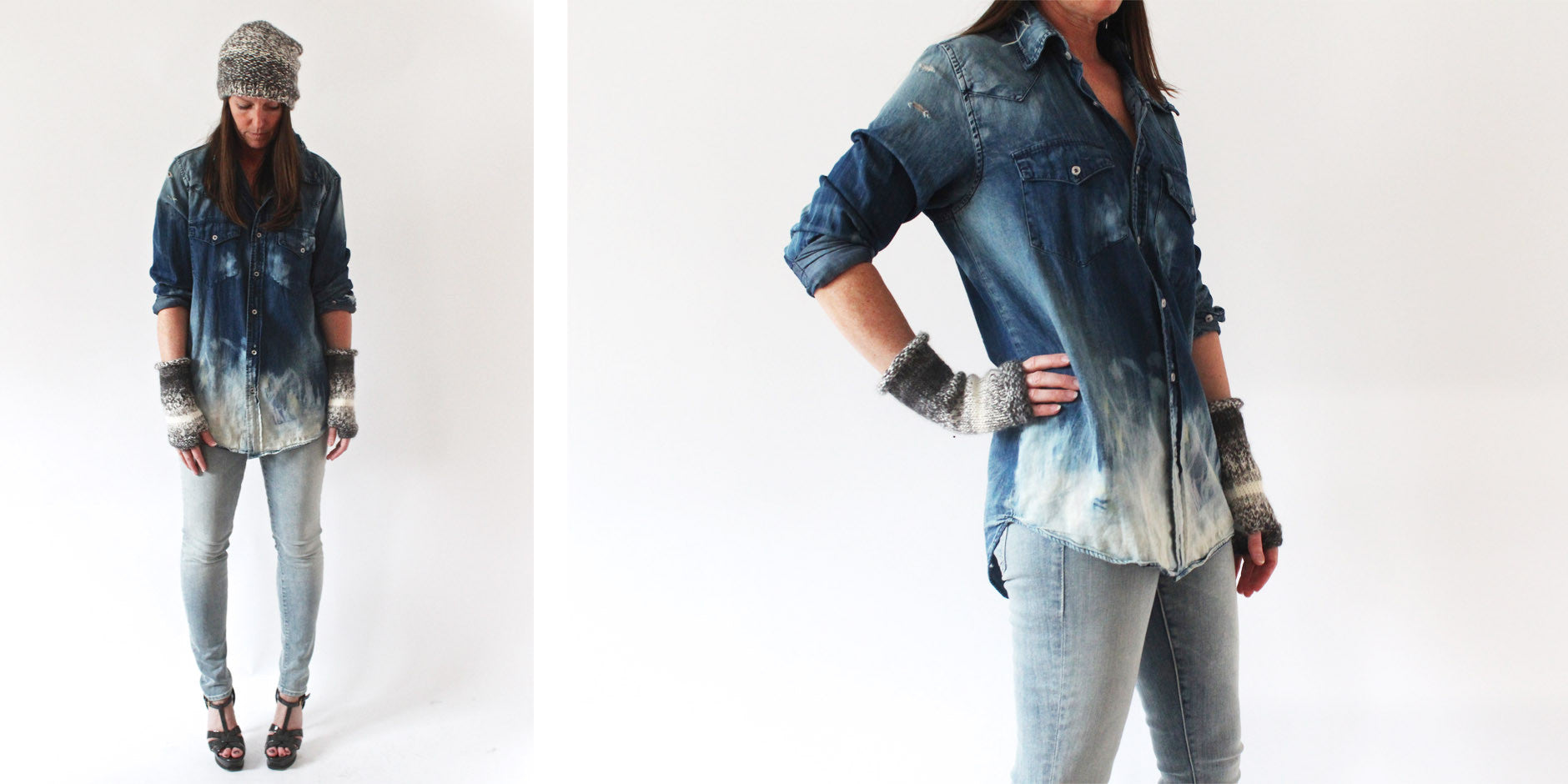 the looker jean - clear as day/nsf destroyed denim shirt/anna kula hat and gloves