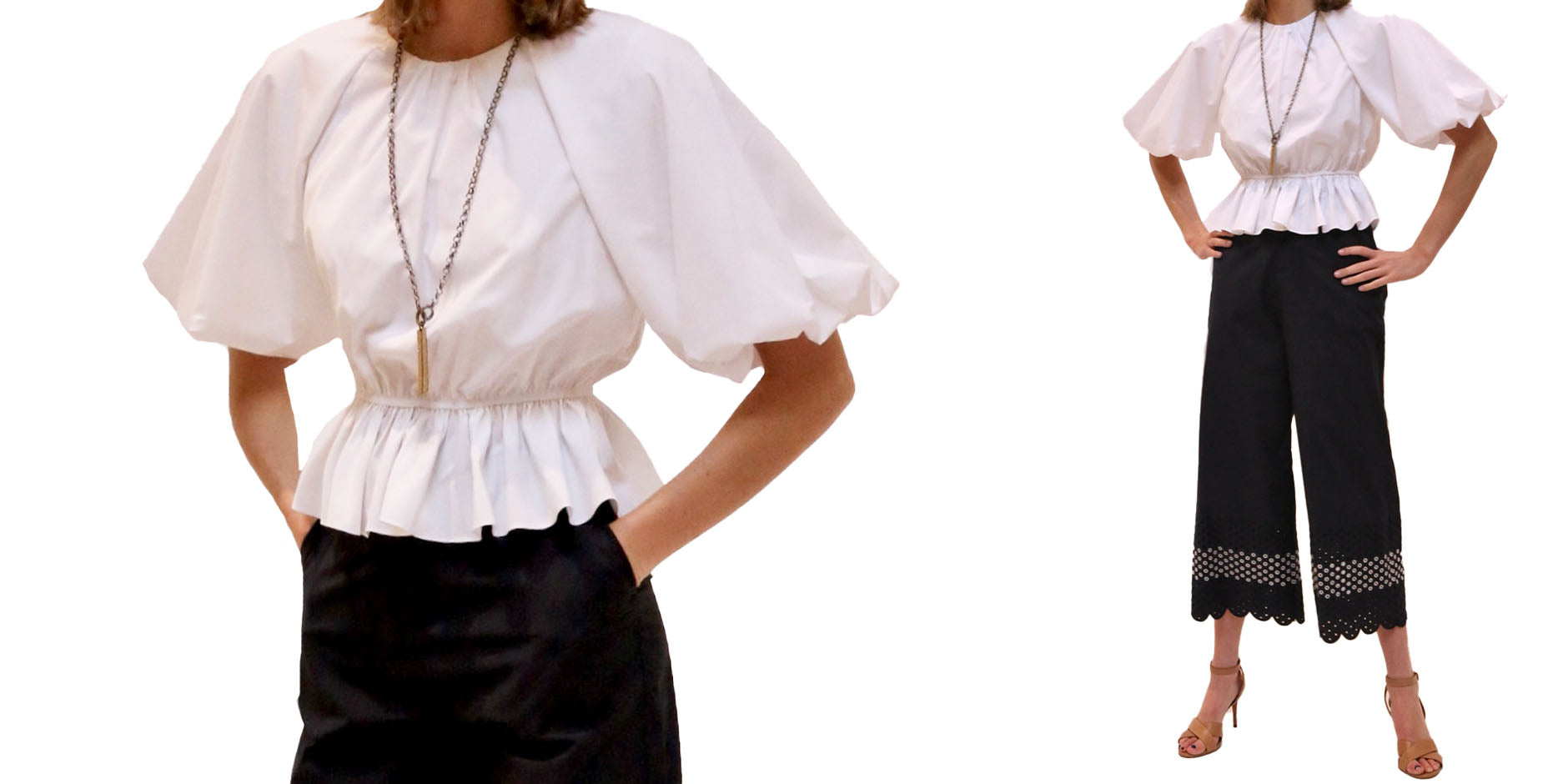 jason wu puff sleeve top and eyelet culottes, the woods necklace