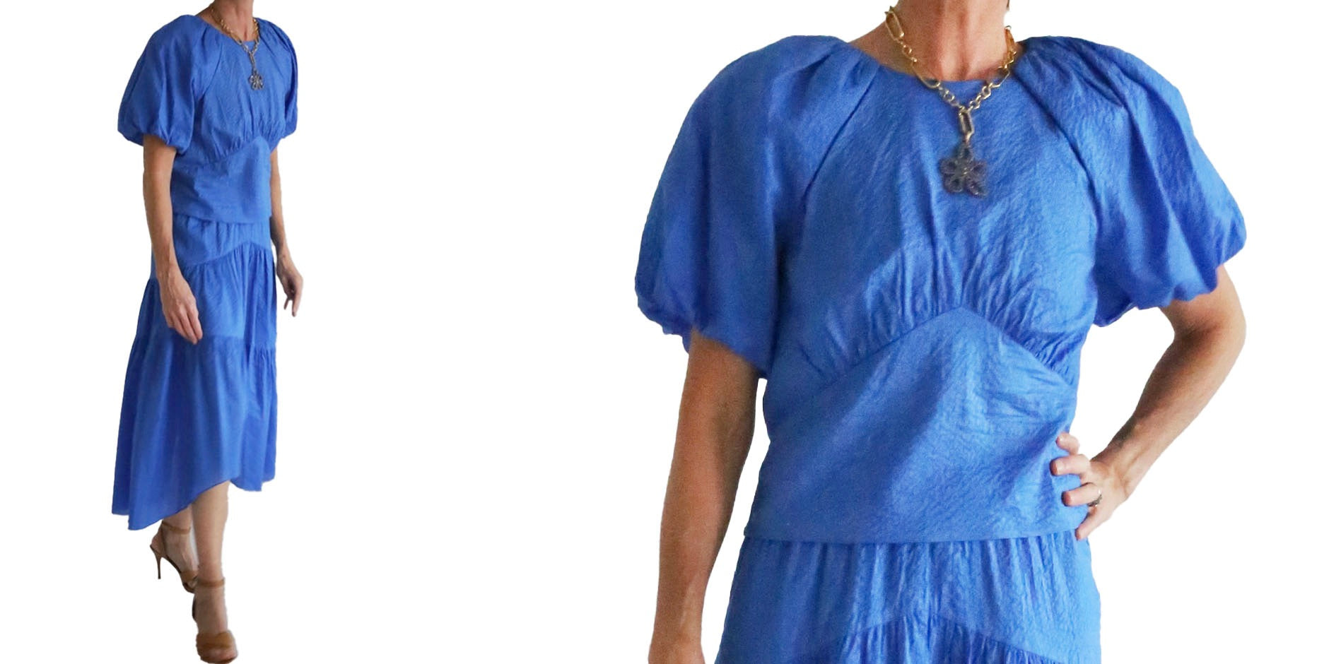 frame cornflower blue top and skirt, the woods necklace
