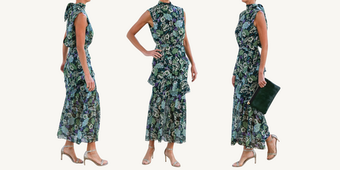 saloni fleur ruffle dress in silva fern