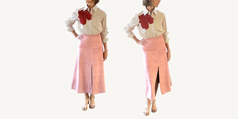 tanya taylor rose quartz suede skirt outfit