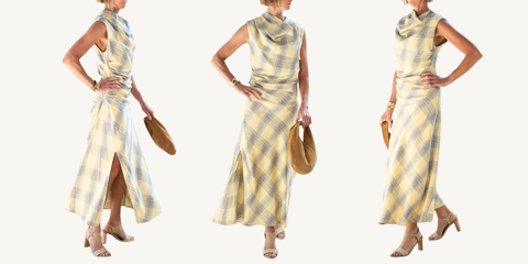 simkhai burke draped dress in buttercream outfit