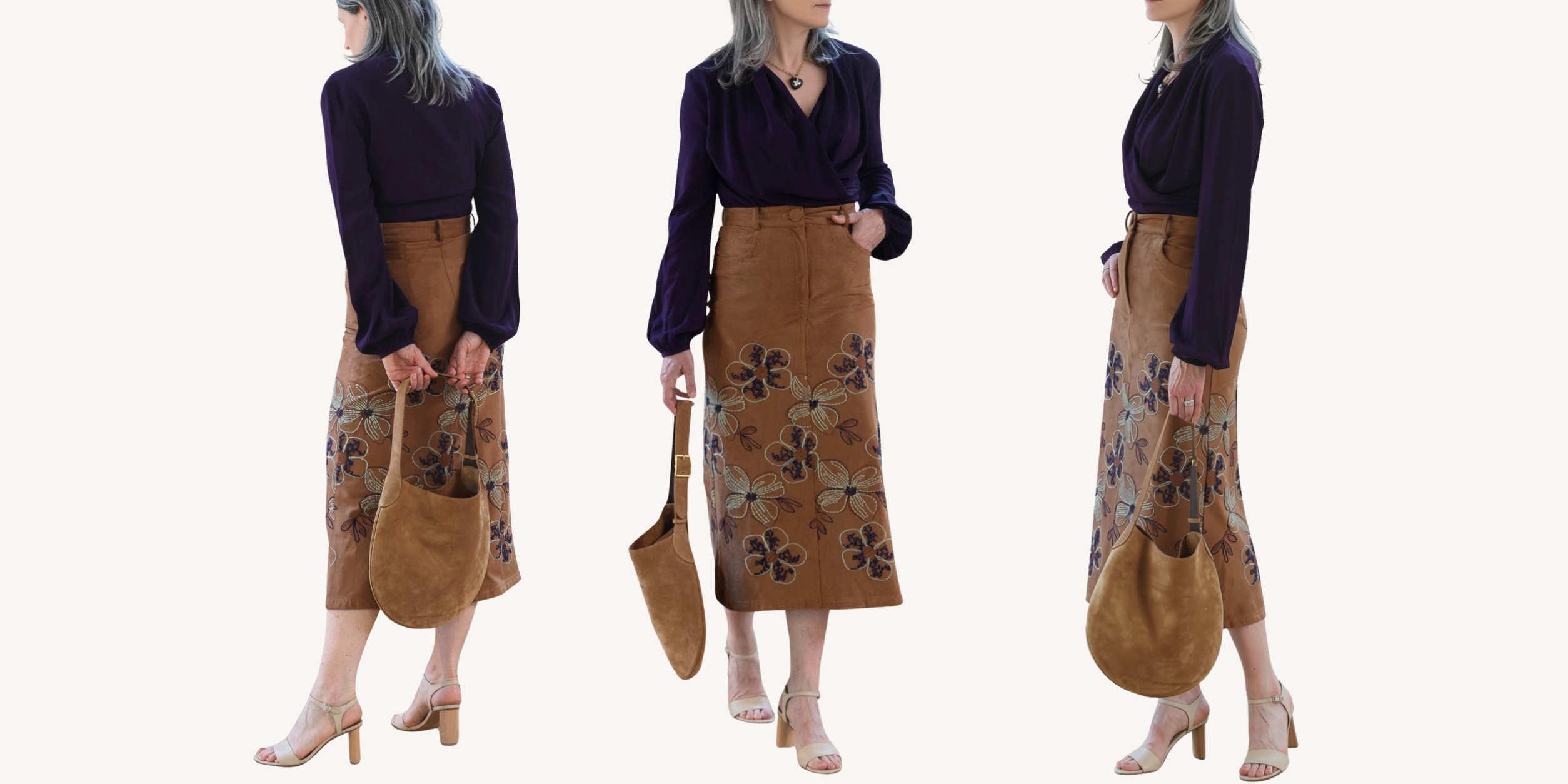 silvia tcherassi layan skirt in camel and tea plum blouse