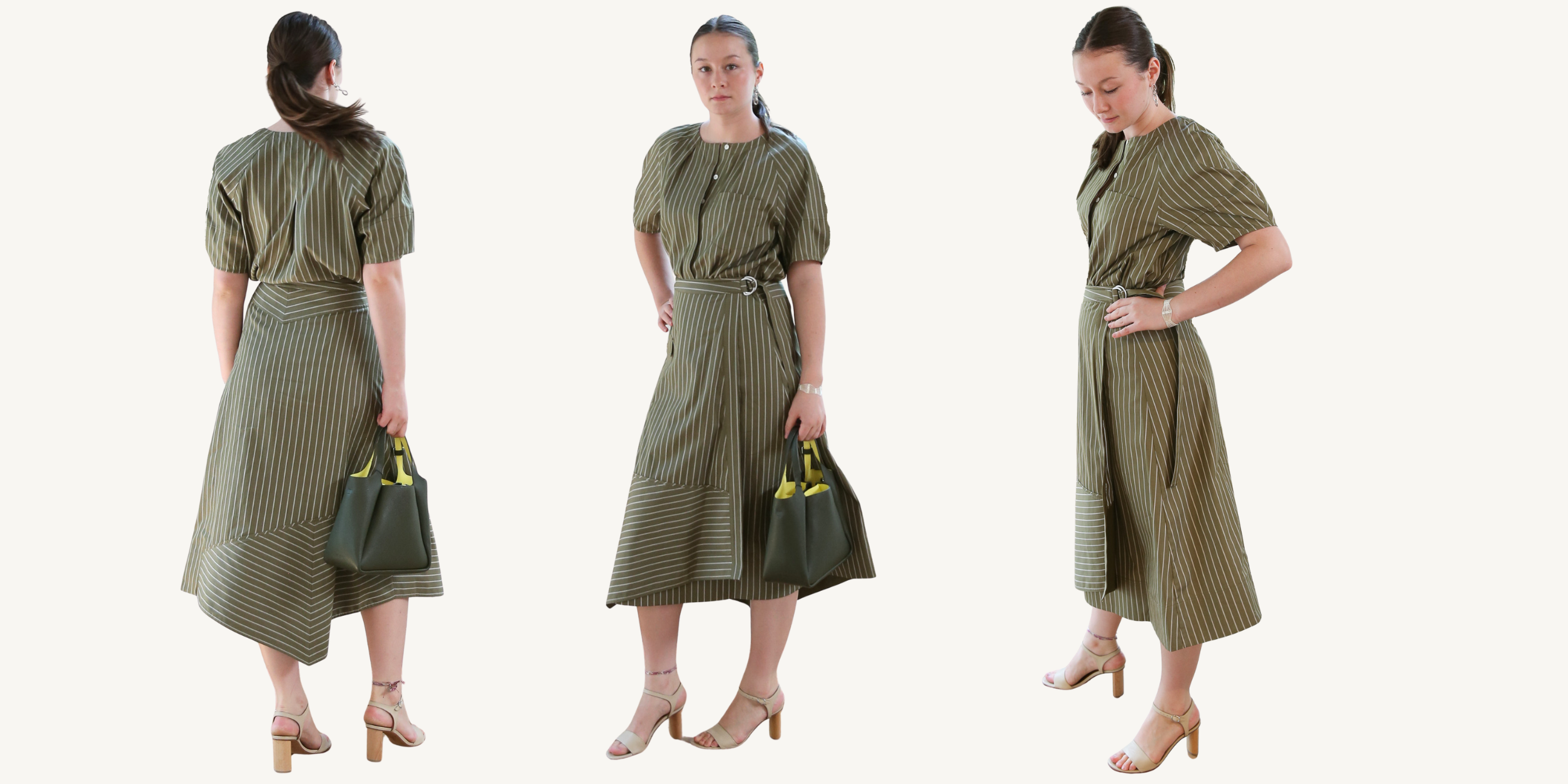 3.1 phillip lim striped lantern shirt and skirt in olive multi