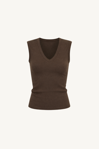textured rib sleeveless u - chocolate