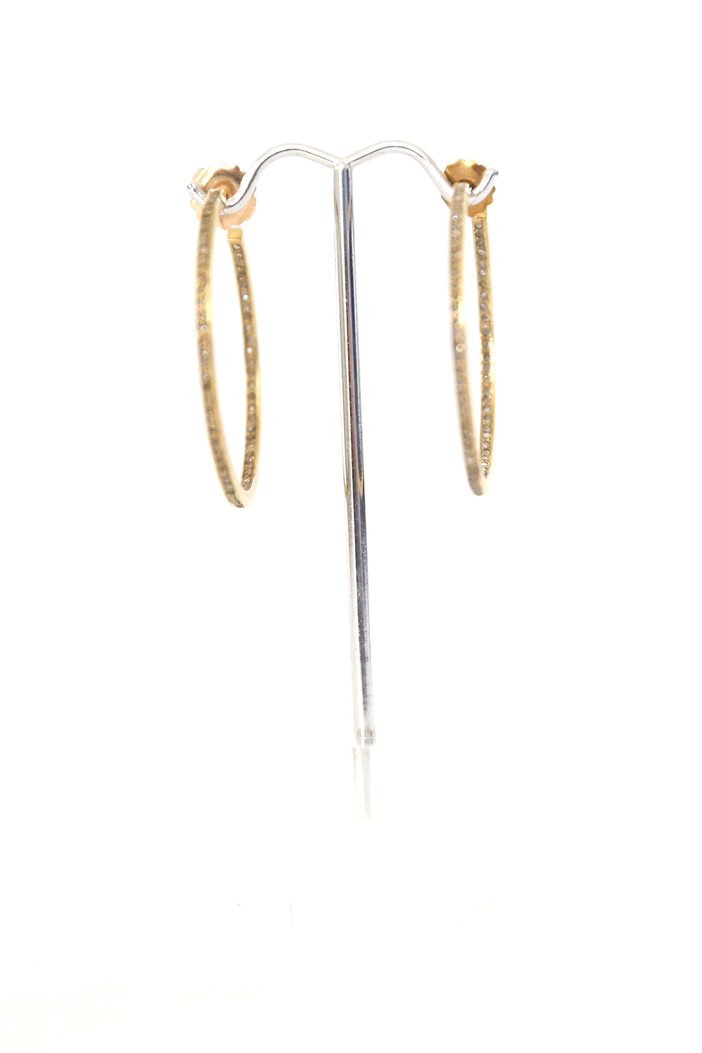 brass single row pave diamond hoops - medium