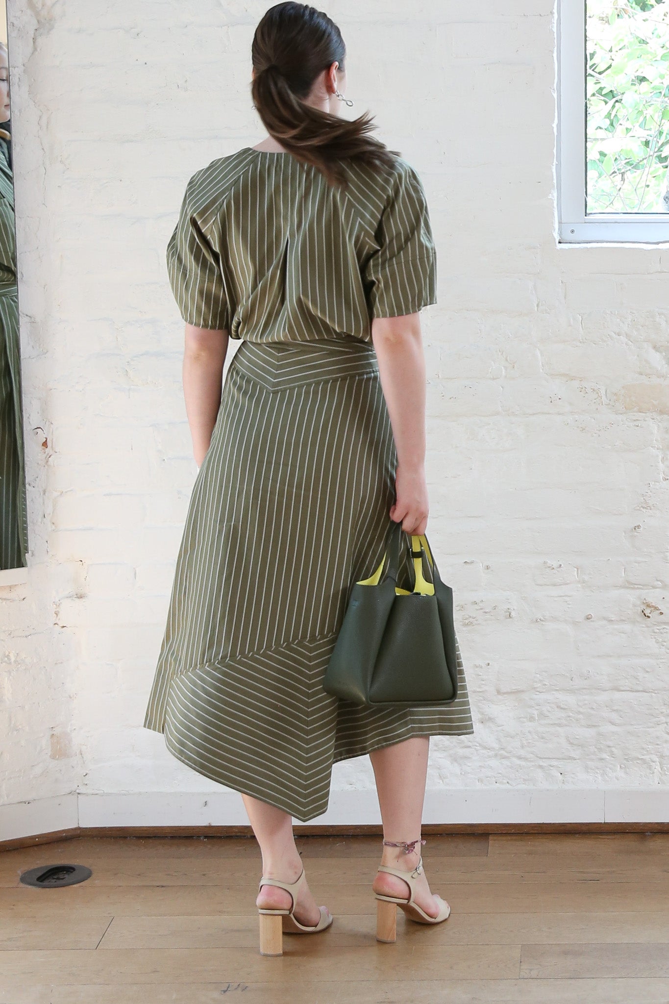 stripe lantern sleeve shirt - olive multi