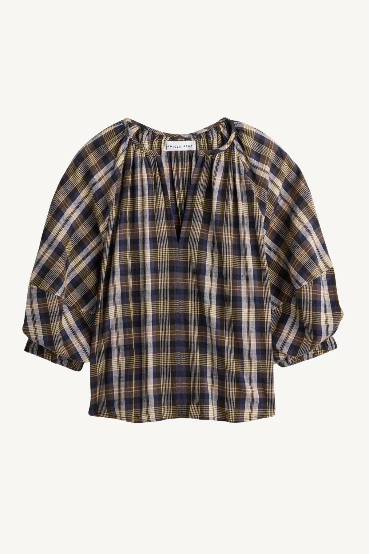 nele lantern sleeve top - basket weave plaid