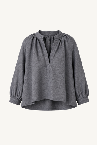 gathered collar tops with half placket - chine blue