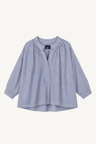 gathered collar tops with half button placket - popeline blue sticks