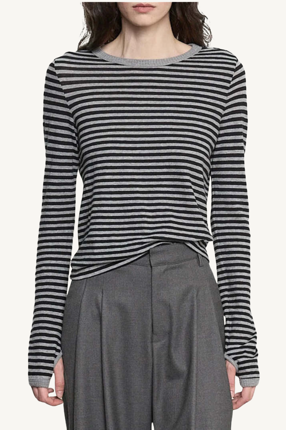 cashmere classic crew in mini stripe - smoke/black