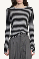 cashmere classic crew in mini stripe - smoke/black