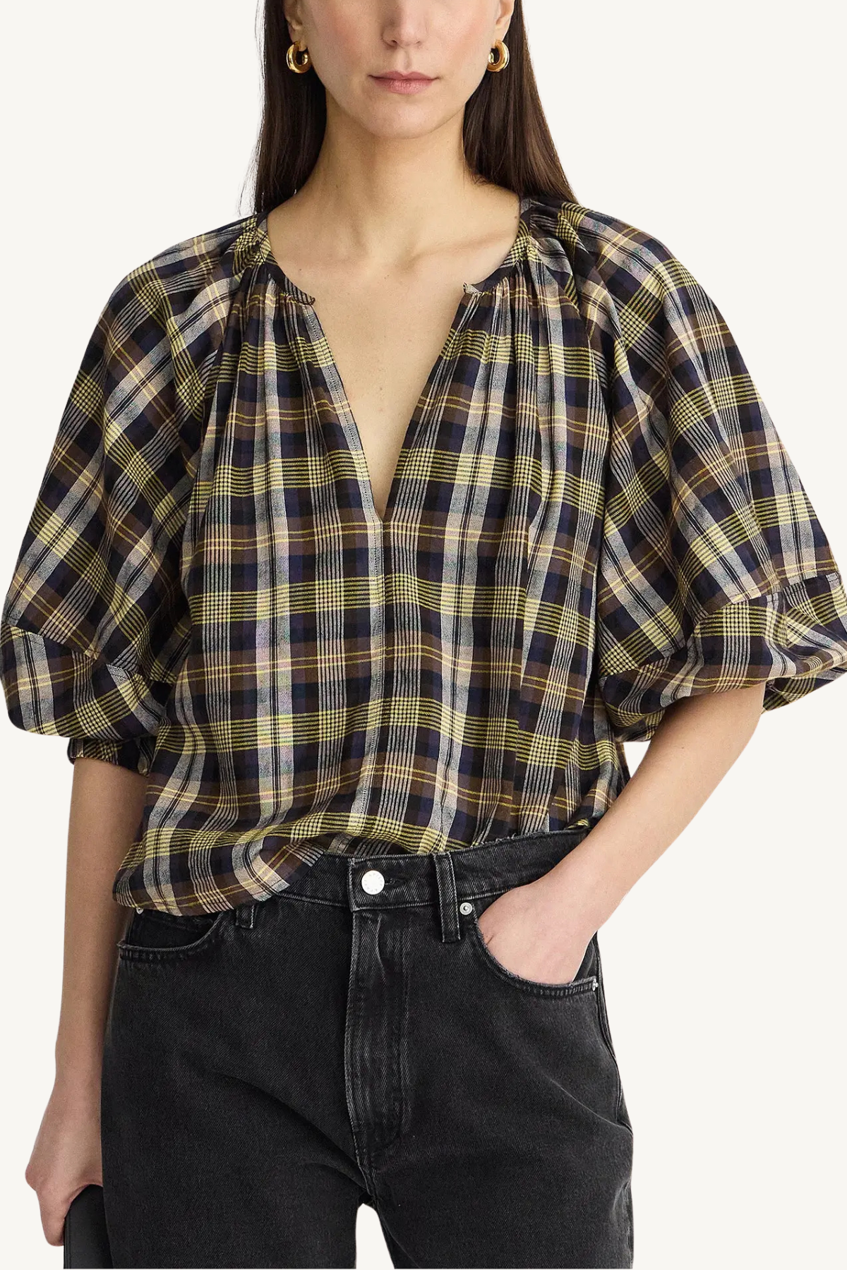 nele lantern sleeve top - basket weave plaid