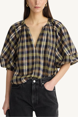 nele lantern sleeve top - basket weave plaid