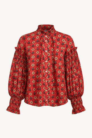full sleeve button down - raspberry snowflakes