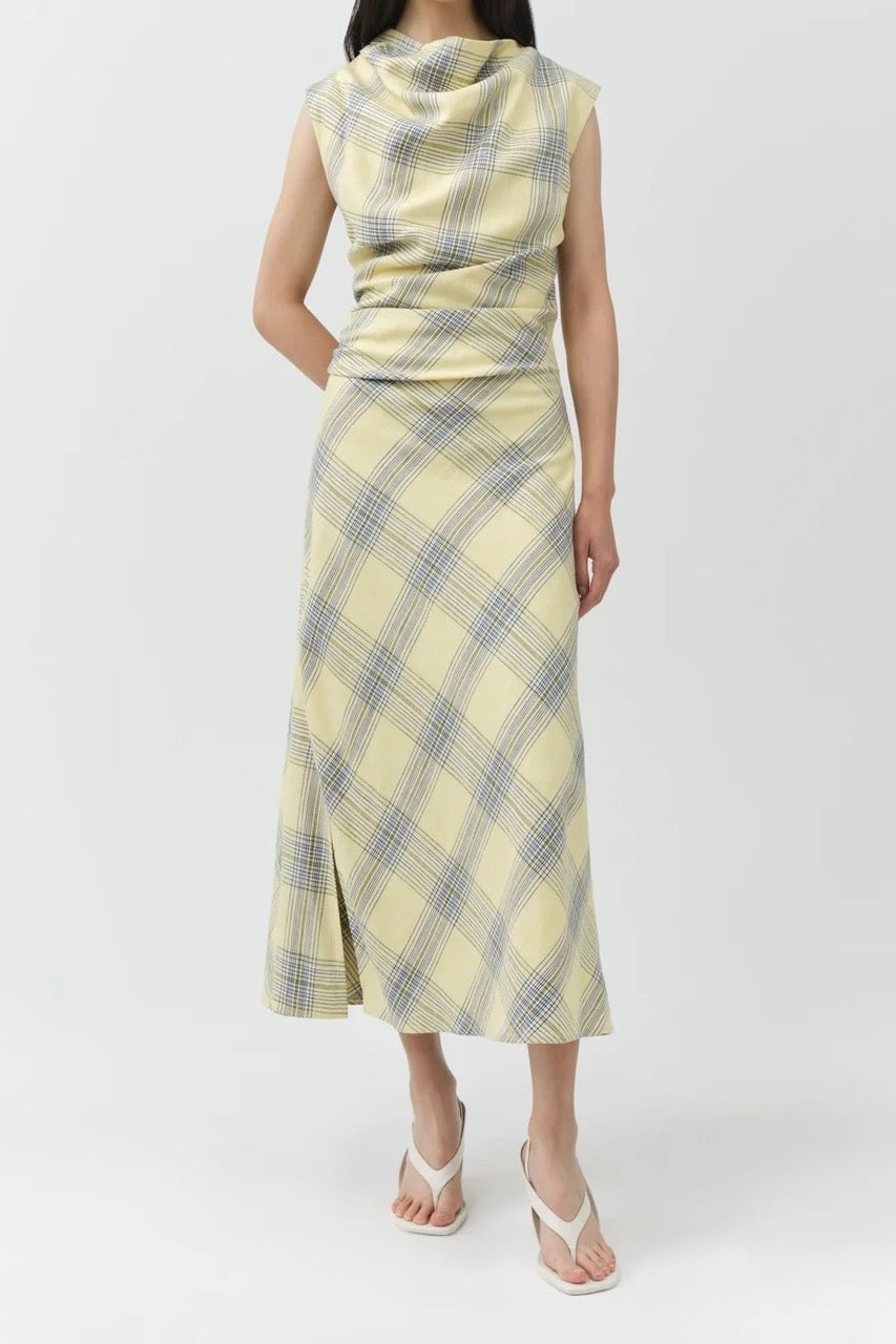 burke draped midi dress - buttercream plaid