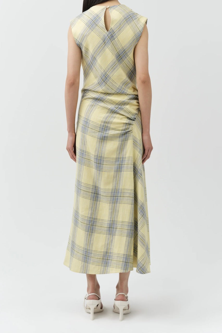 burke draped midi dress - buttercream plaid