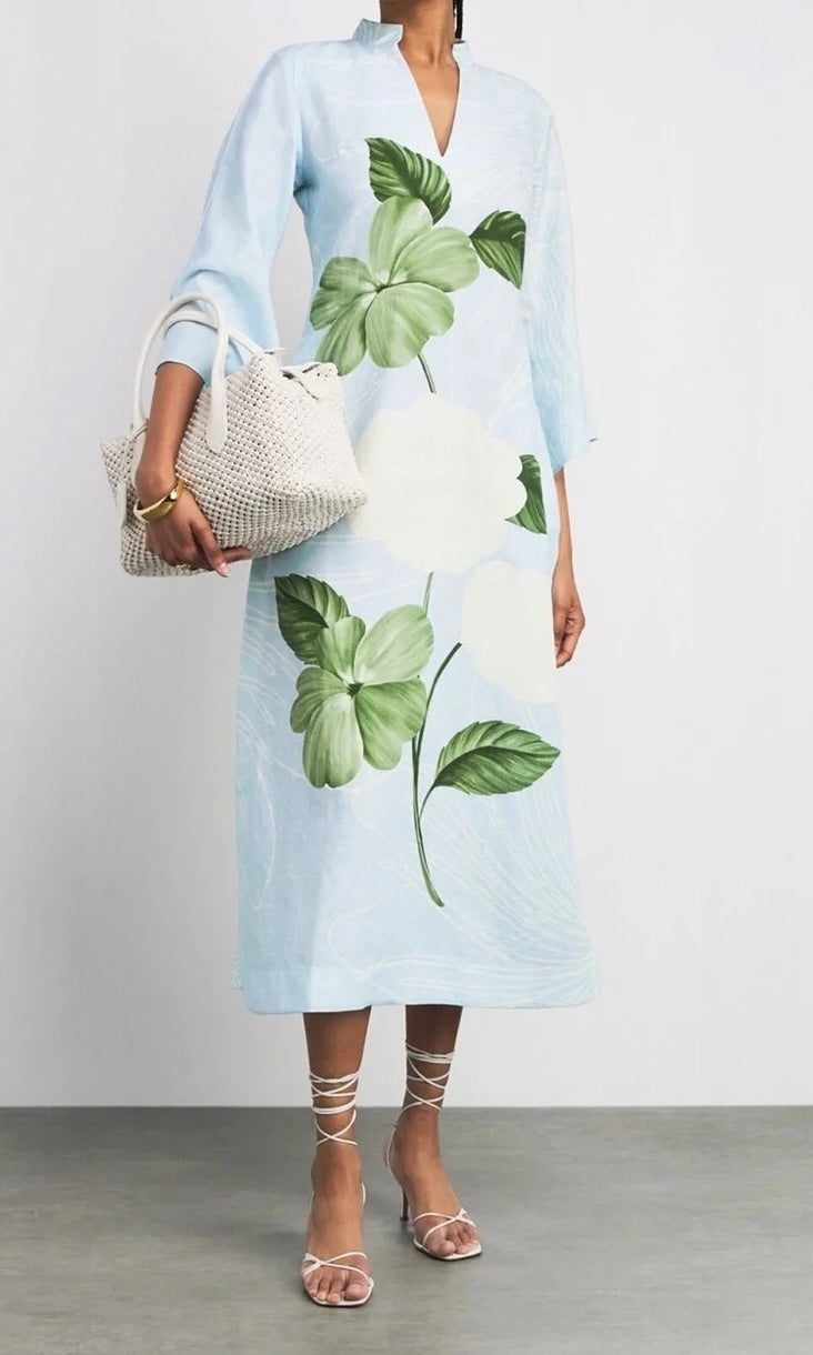 floral tunic dress - ice blue and emerald