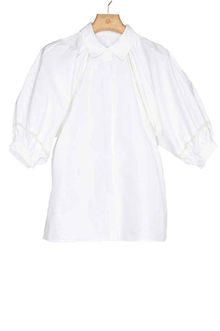 lantern sleeve shirt with lattice trim - white