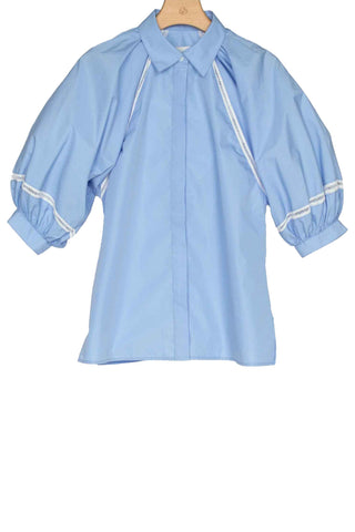lantern sleeve shirt with lattice trim - oxford blue
