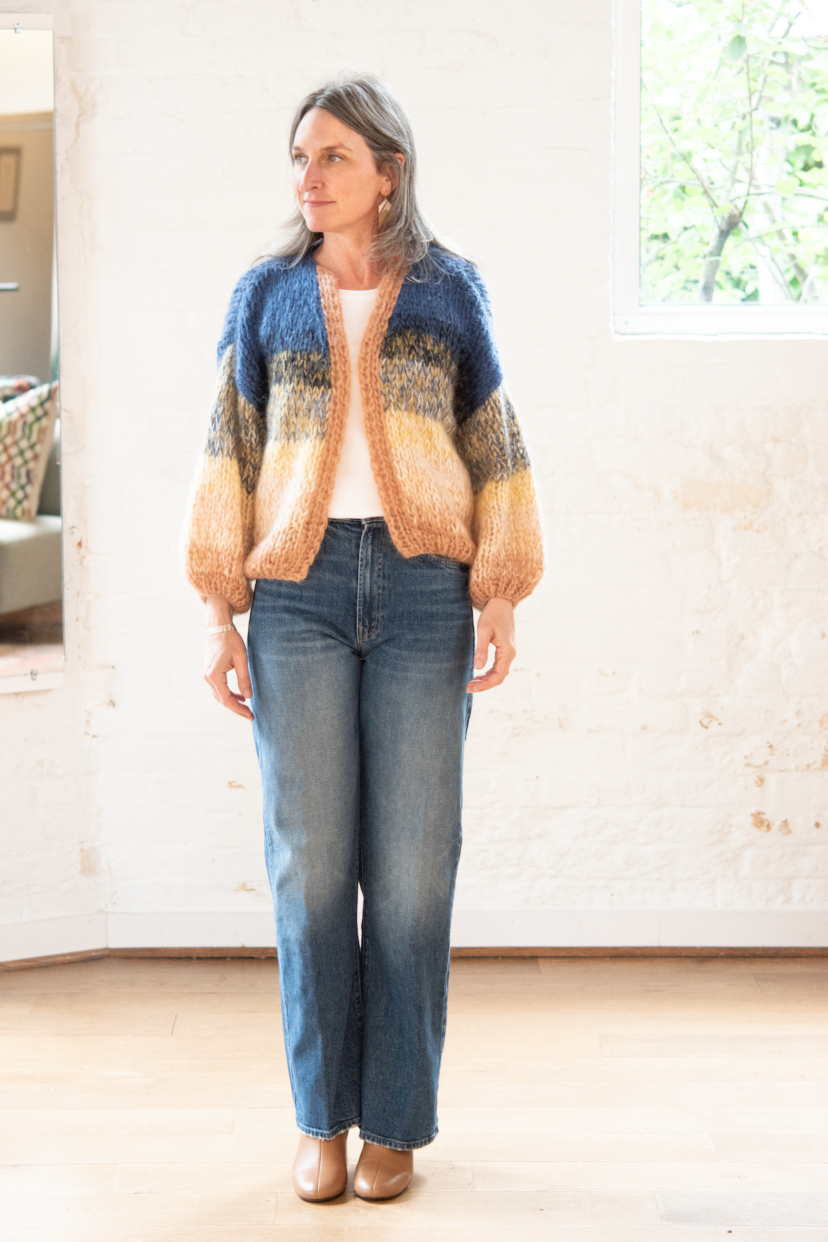 mohair gradient bomber cardigan - mustard denim