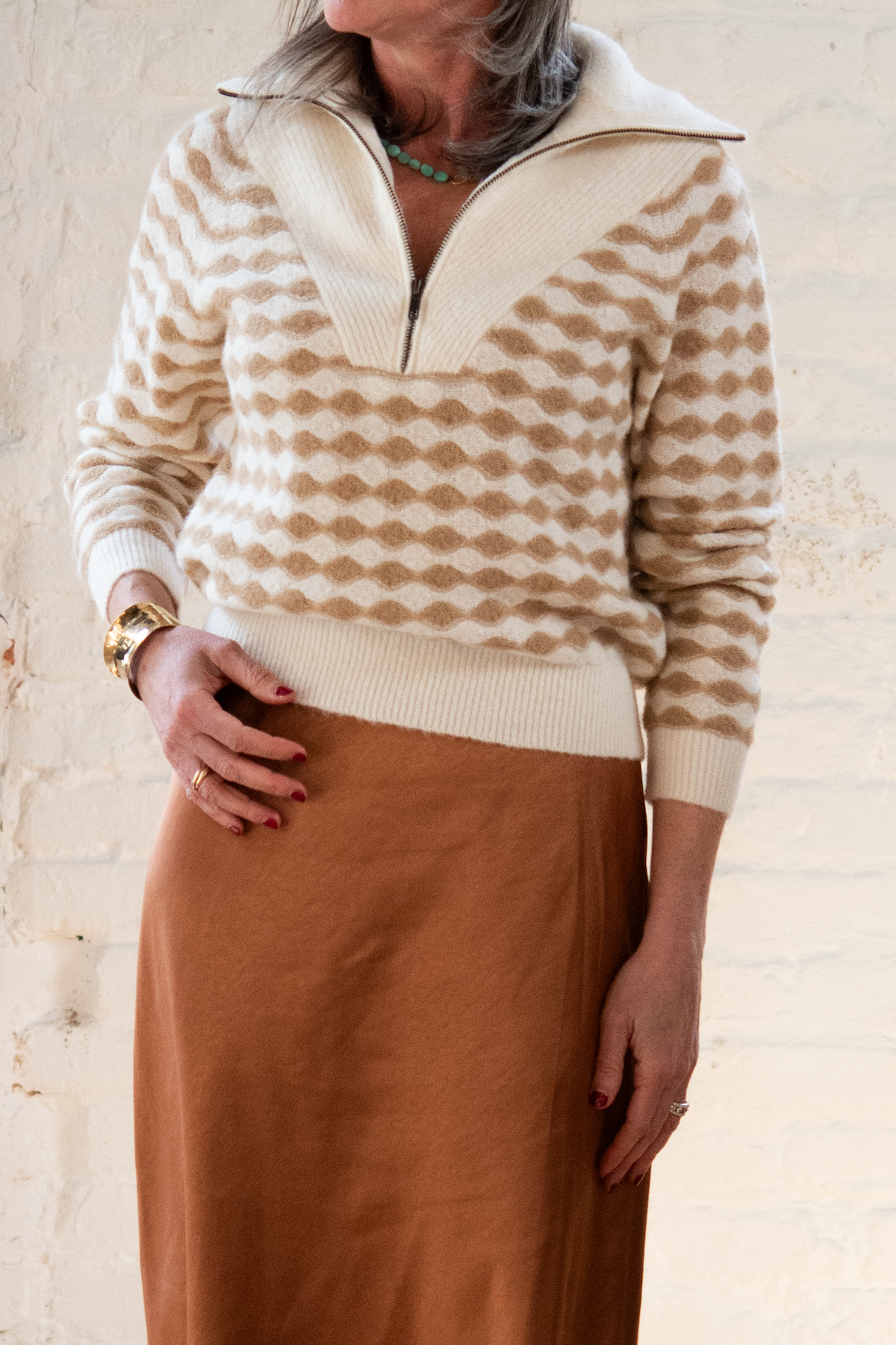 mixed stitch half zip - ivory/birch