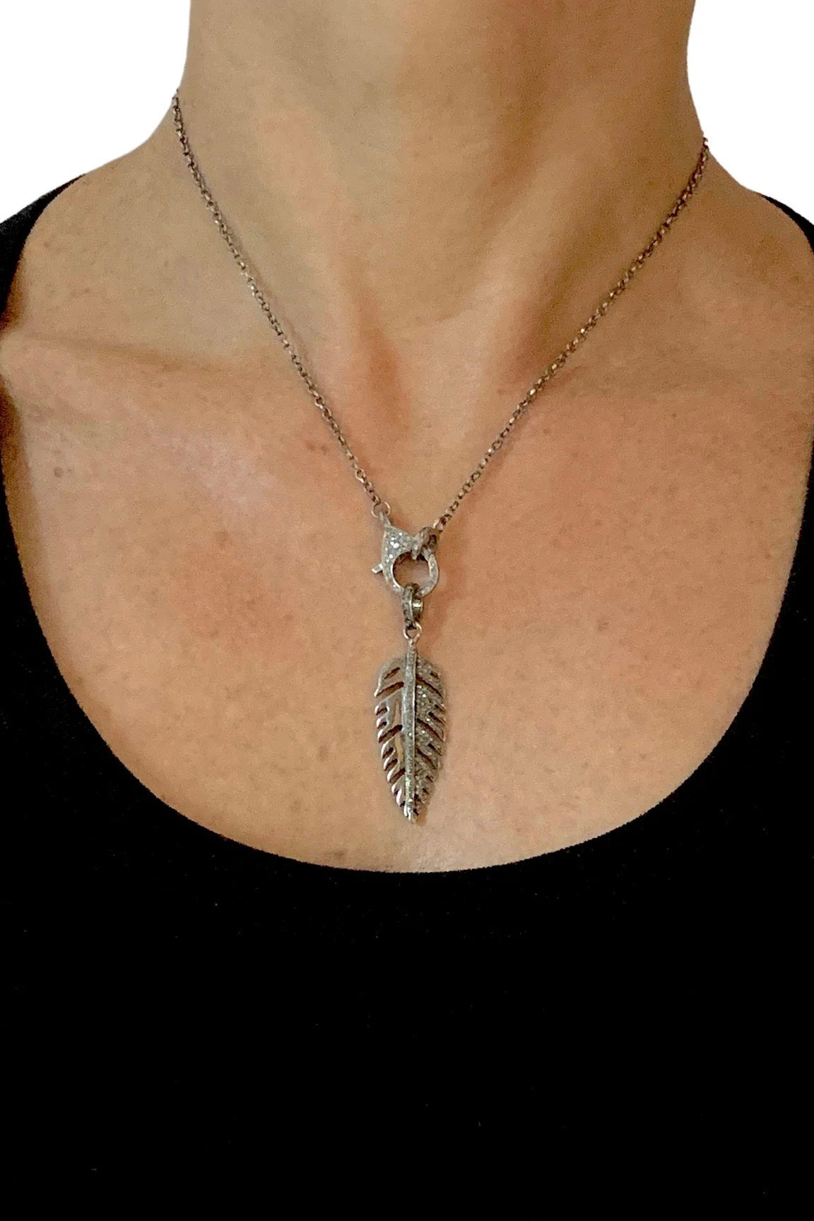 silver pave diamond feather pendant