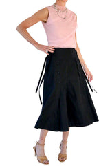 tie-waist midi skirt with button placket - black