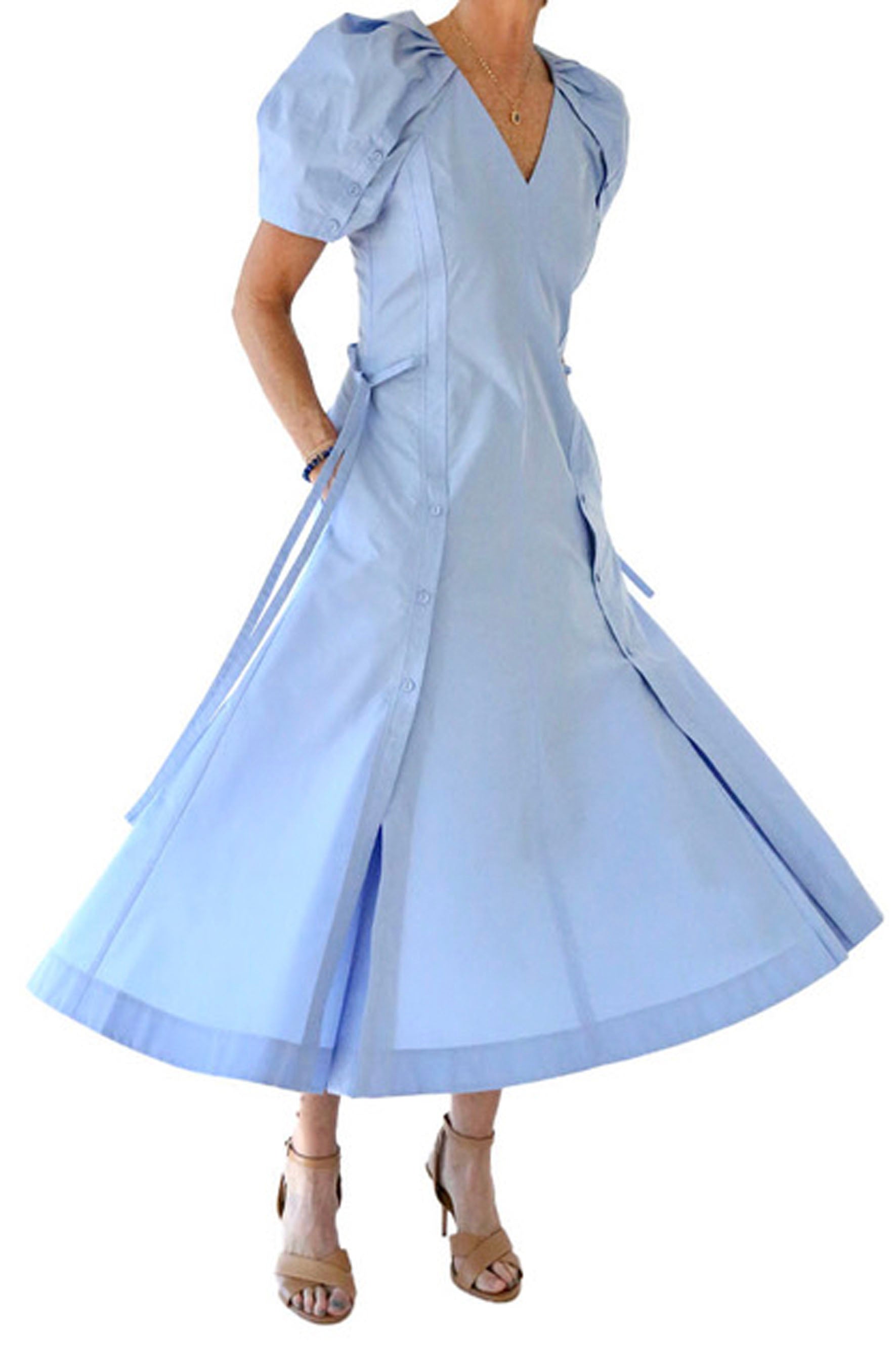 bloom sleeve dress w/button placket - oxford blue