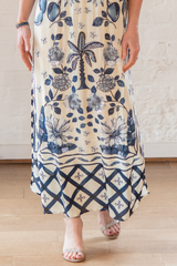 hand beaded sundowner maxi - ivory and navy multi motif