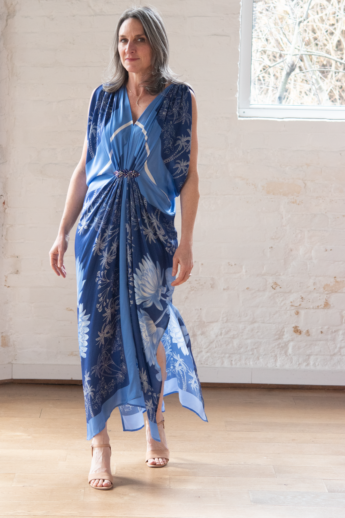 hand draped gown - multi pattern blue