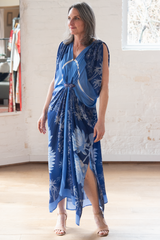 hand draped gown - multi pattern blue