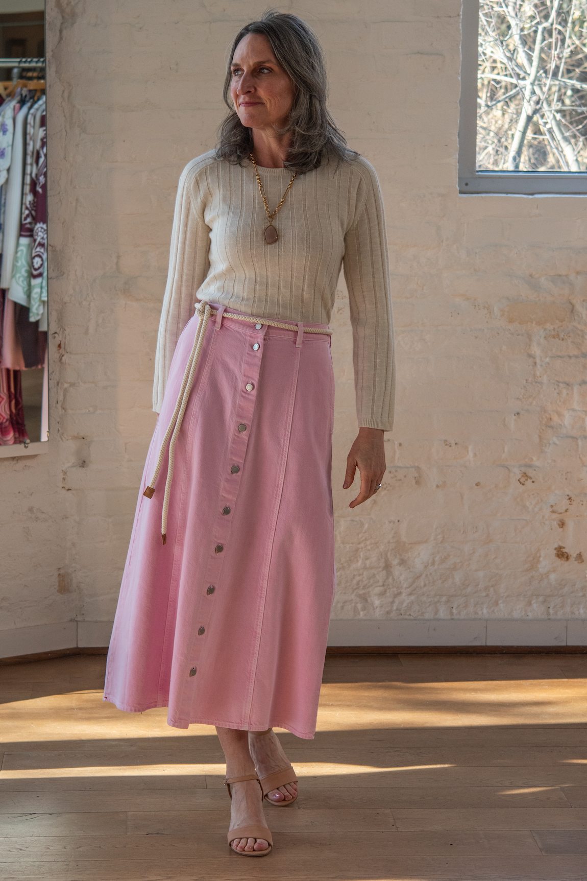 Xirena Spence Skirt Petal Pink Nili Lotan Alise Sweater Outfit