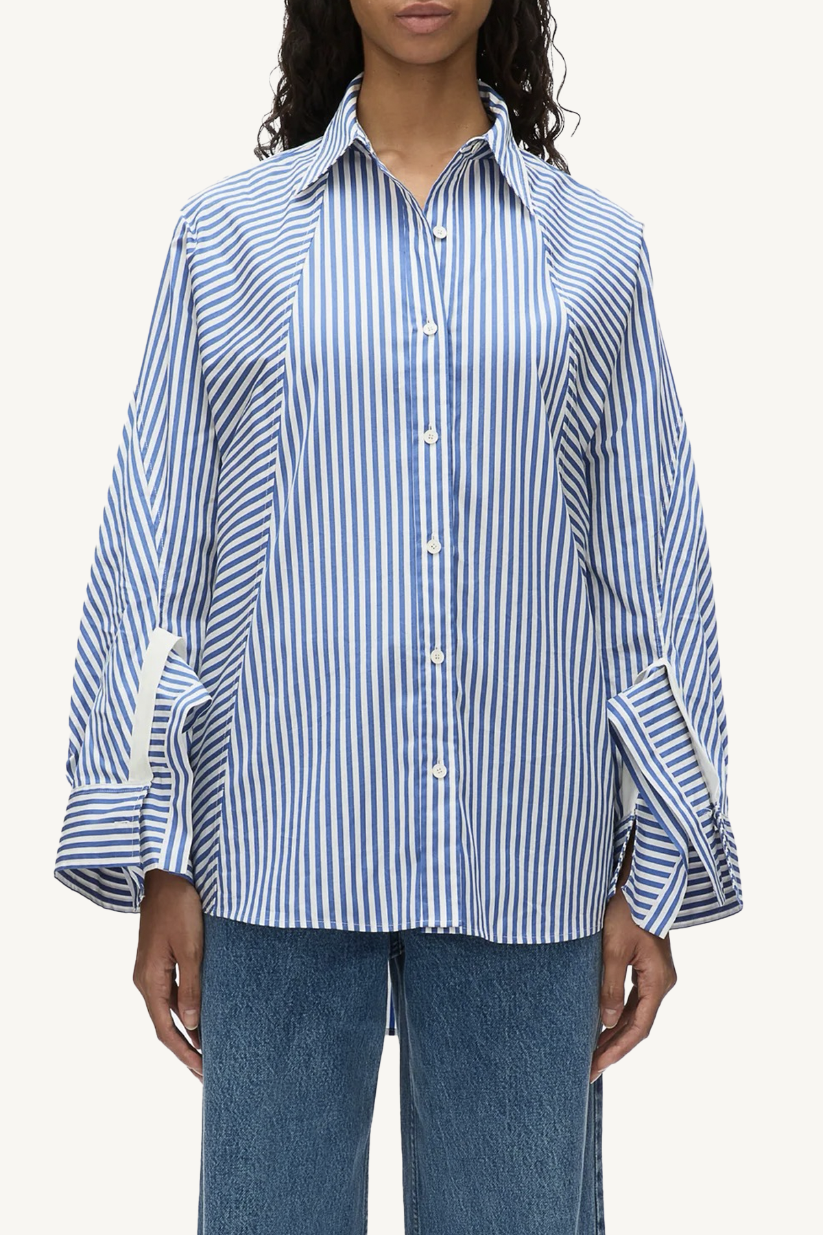 striped os shirt w/cascade sleeves - blue multi