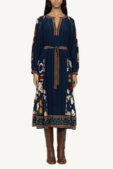 cassia print long sleeve dress - navy