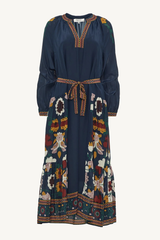 cassia print long sleeve dress - navy