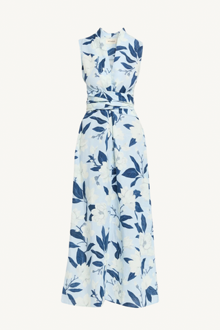 hand draped linen day dress - ice and navy