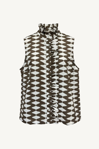 sleeveless frilled button down - tribal zig zag
