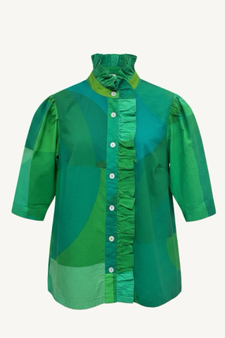 frilled button down - geo green