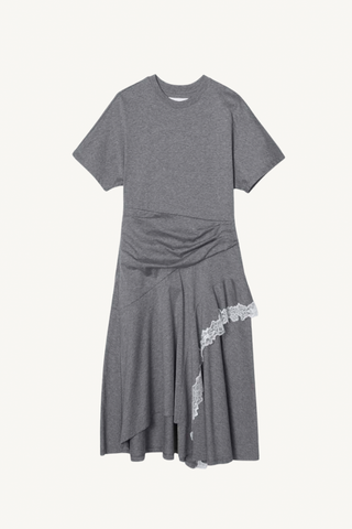 short sleeve draped dress with lace trim - grey melange