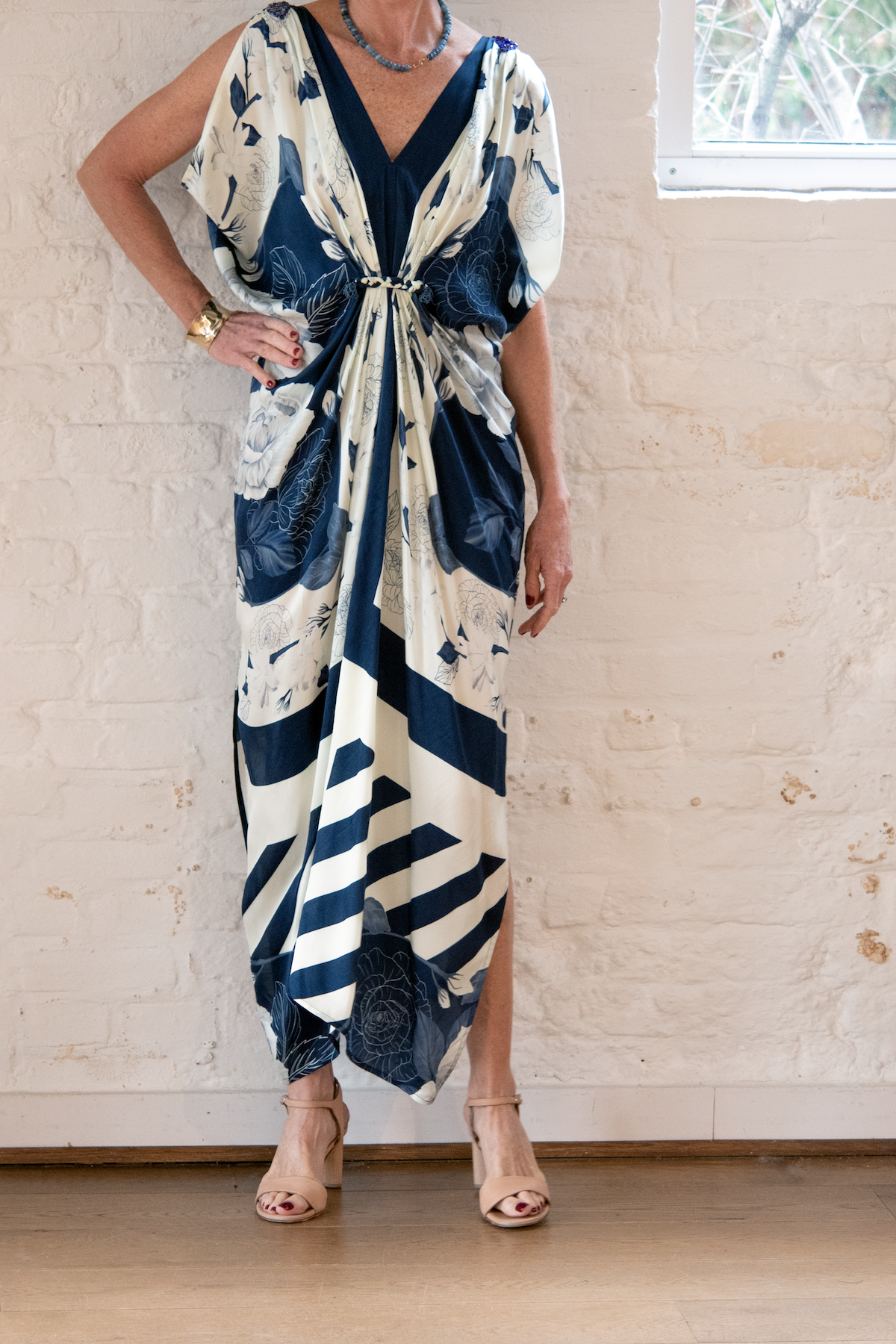 hand draped gown - ivory and navy roses