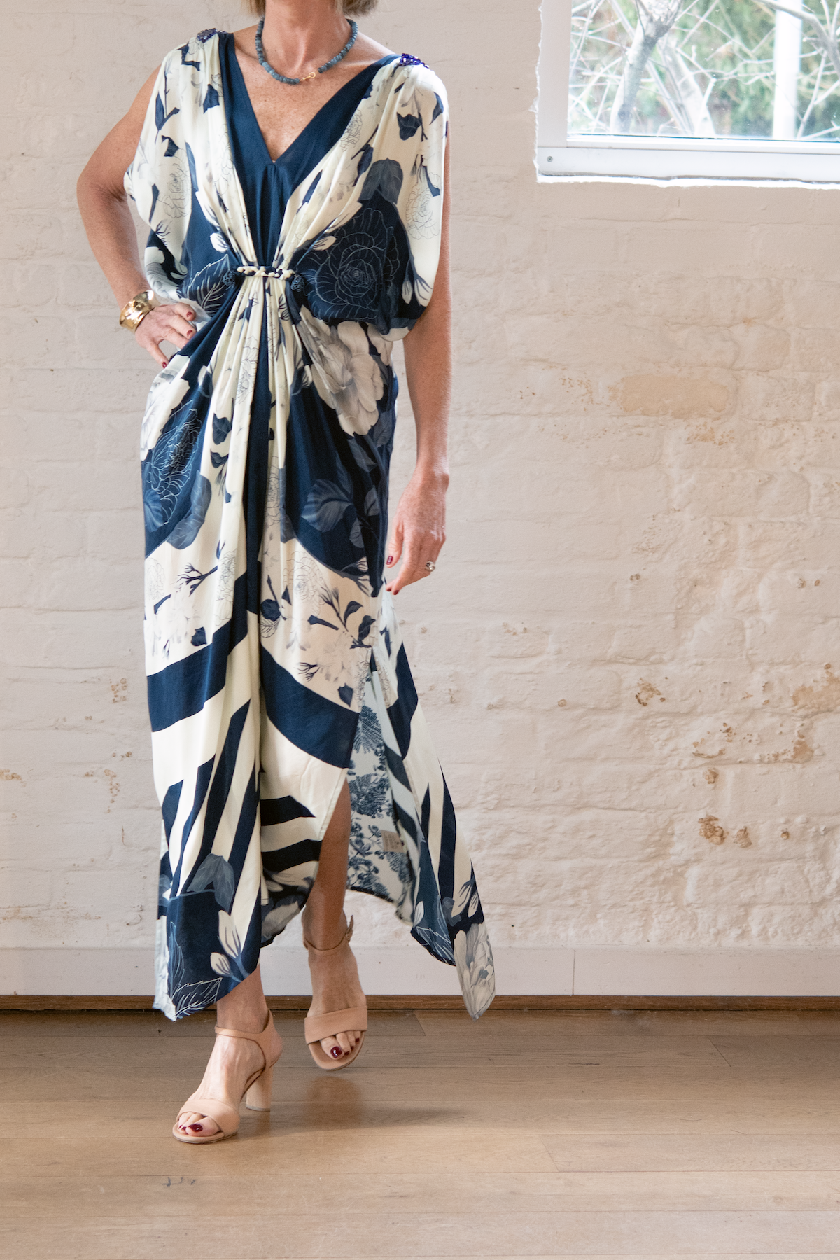hand draped gown - ivory and navy roses