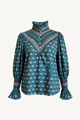 soft smocked shirt - posy woodblock aqua