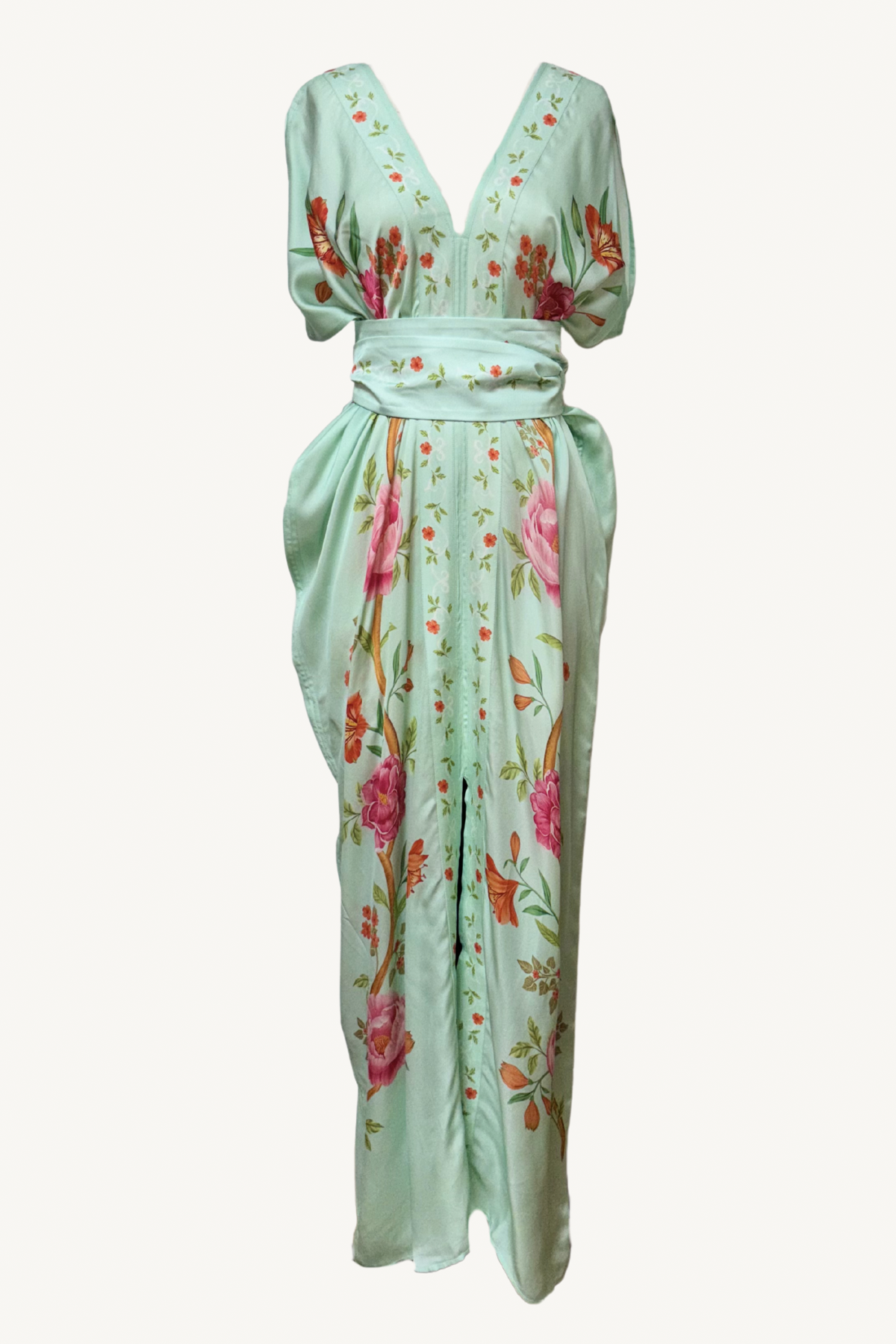 hand draped silk kaftan - aqua multi peonies