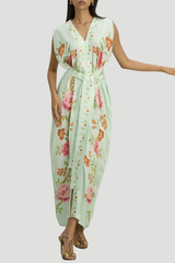 hand draped silk kaftan - aqua multi peonies