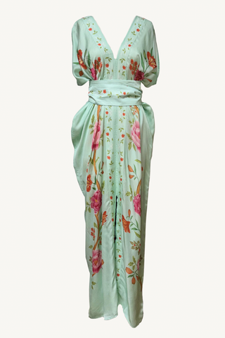 hand draped silk kaftan - aqua multi peonies